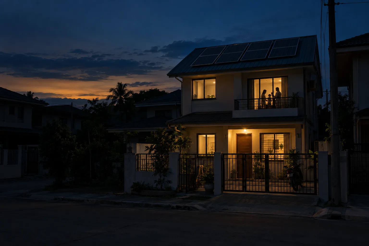 A Cebu house with rooftop solar panels keeps its lights on at dusk during a brownout, while the street around it is dark